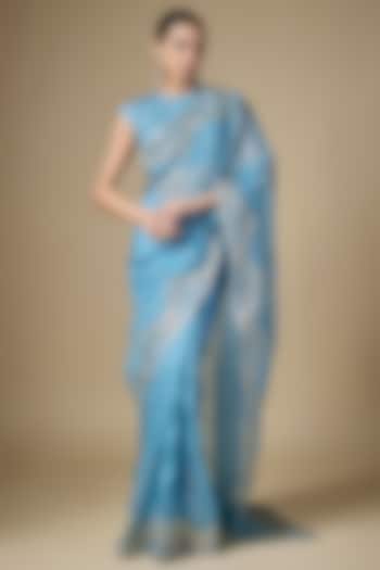 Pacific Blue Silk Organza Hand Embroidered Wedding Saree Set by Priyal Prakash at Pernia's Pop Up Shop