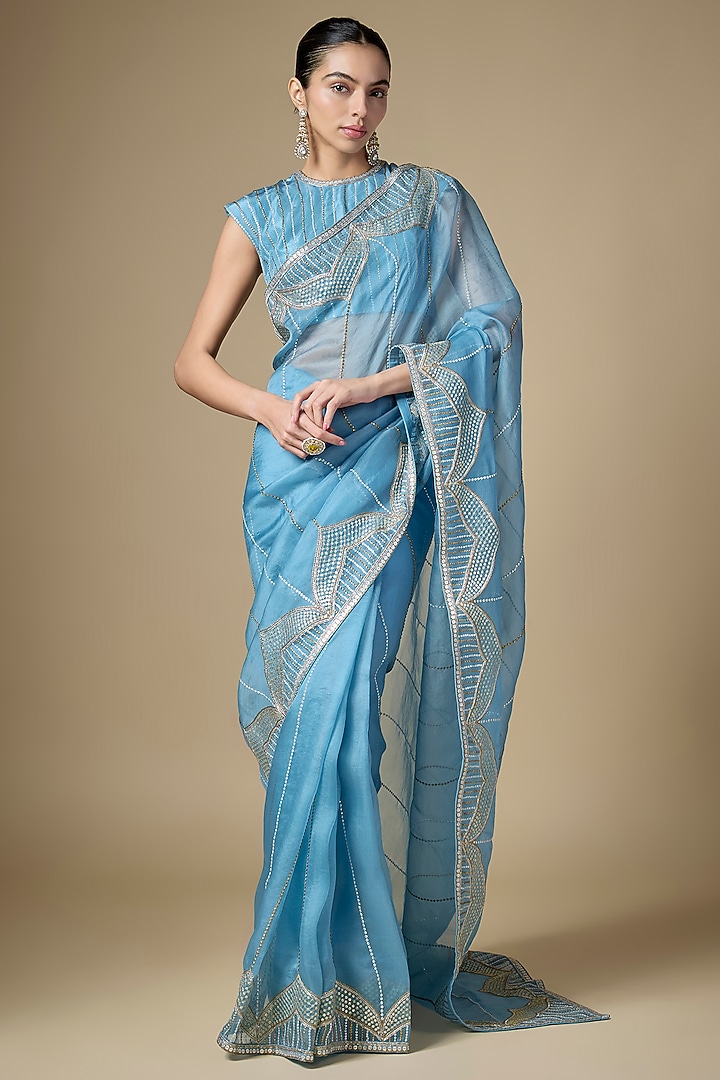 Pacific Blue Silk Organza Hand Embroidered Wedding Saree Set by Priyal Prakash at Pernia's Pop Up Shop
