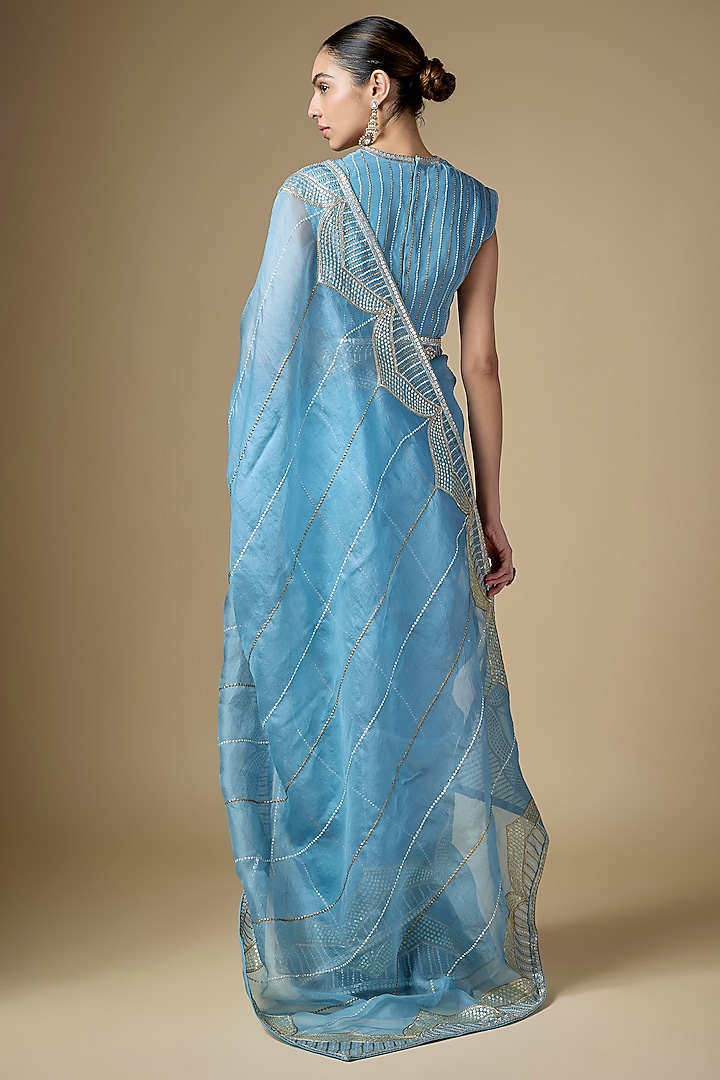 Pacific Blue Silk Organza Hand Embroidered Wedding Saree Set by Priyal Prakash at Pernia's Pop Up Shop