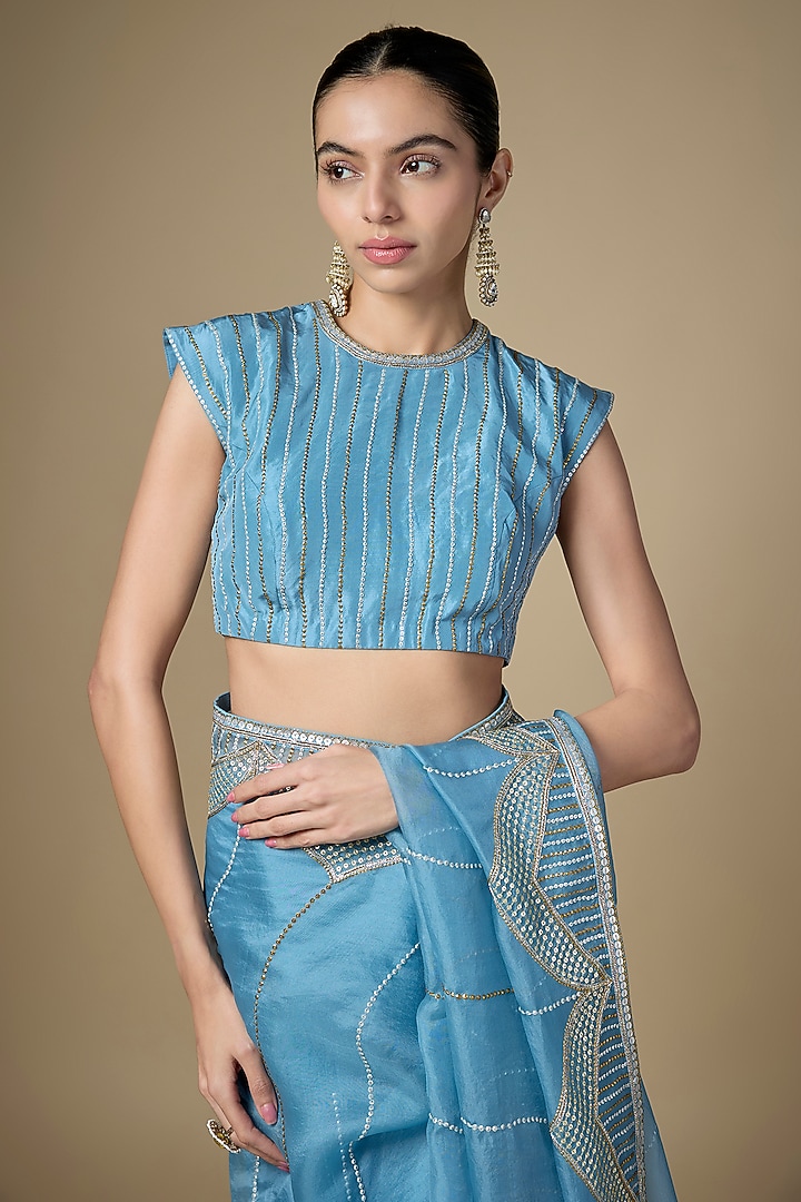 Pacific Blue Silk Organza Hand Embroidered Wedding Saree Set by Priyal Prakash at Pernia's Pop Up Shop