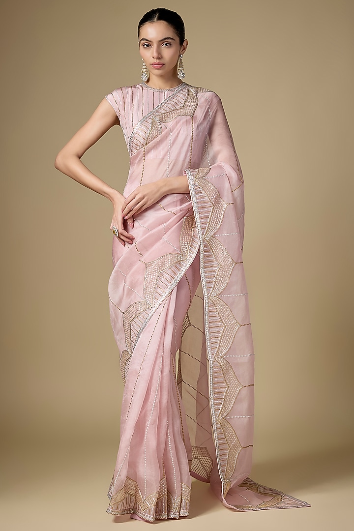 Rose Quartz Pink Silk Organza Hand Embroidered Wedding Saree Set by Priyal Prakash at Pernia's Pop Up Shop