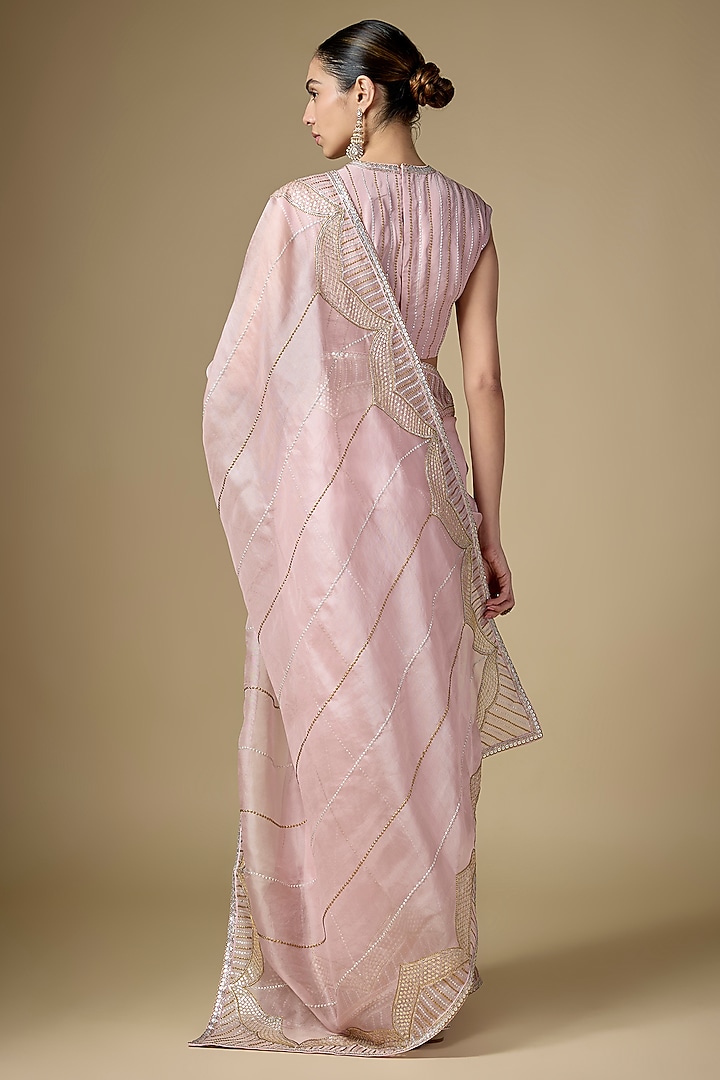 Rose Quartz Pink Silk Organza Hand Embroidered Wedding Saree Set by Priyal Prakash at Pernia's Pop Up Shop