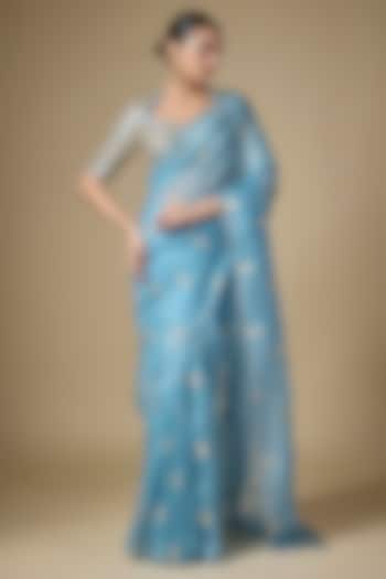 Pacific Blue Silk Organza Gota Patti Embroidered Wedding Saree Set by Priyal Prakash at Pernia's Pop Up Shop