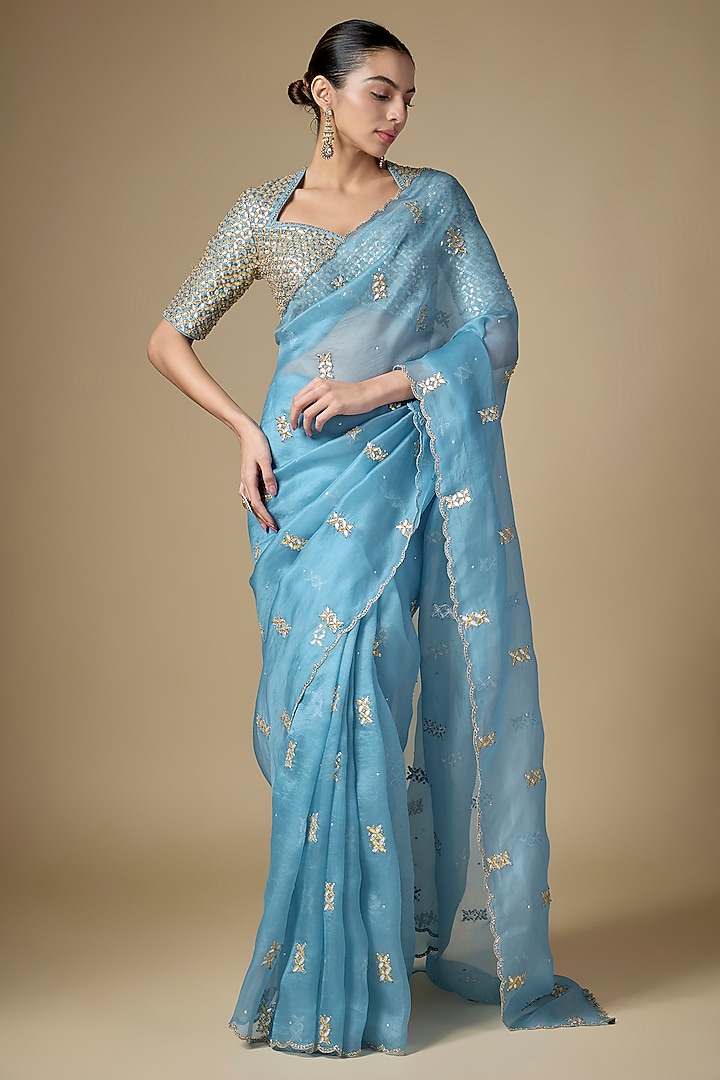 Pacific Blue Silk Organza Gota Patti Embroidered Wedding Saree Set by Priyal Prakash at Pernia's Pop Up Shop