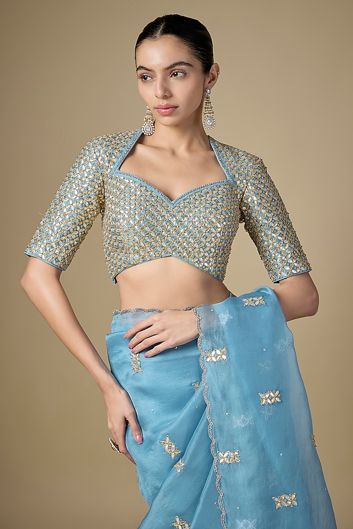 Pacific Blue Silk Organza Gota Patti Embroidered Wedding Saree Set by Priyal Prakash at Pernia's Pop Up Shop