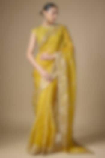 Citrine Yellow Silk Organza Hand Embroidered Wedding Saree Set by Priyal Prakash at Pernia's Pop Up Shop