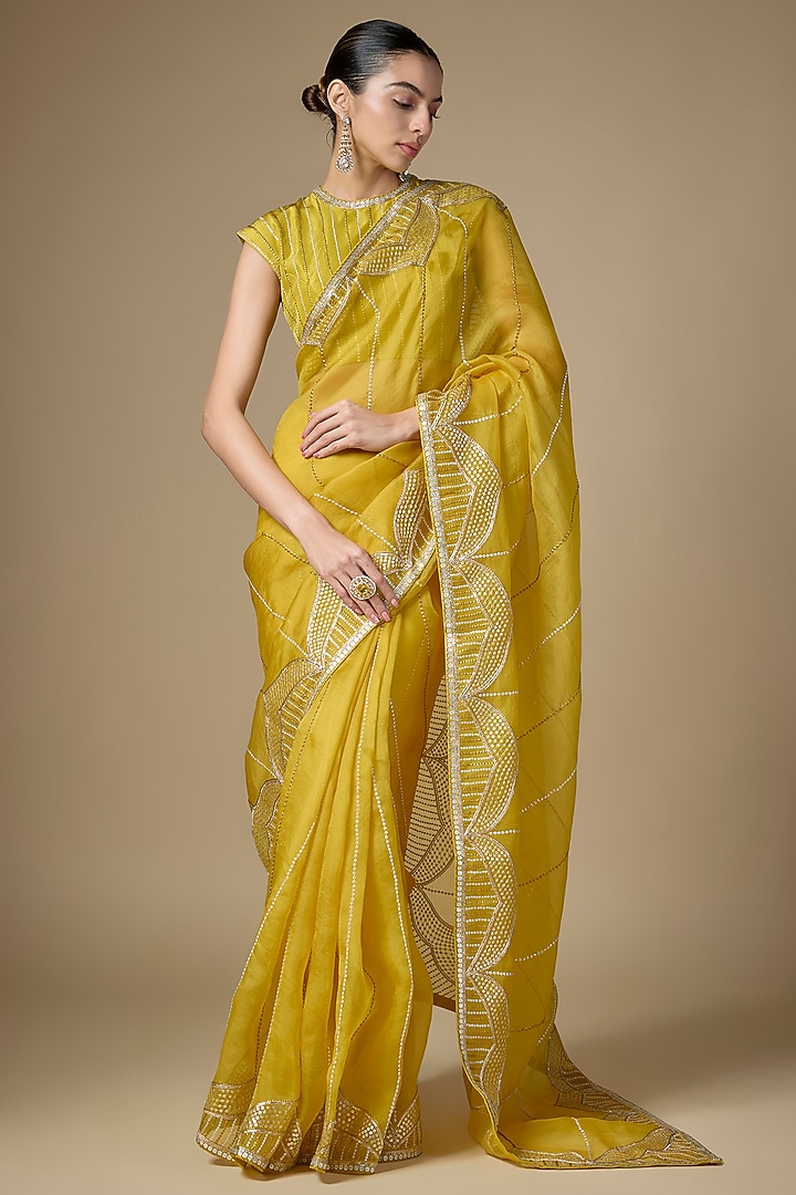 Citrine Yellow Silk Organza Hand Embroidered Wedding Saree Set by Priyal Prakash at Pernia's Pop Up Shop