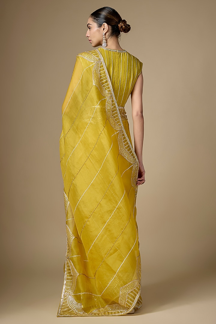Citrine Yellow Silk Organza Hand Embroidered Wedding Saree Set by Priyal Prakash at Pernia's Pop Up Shop