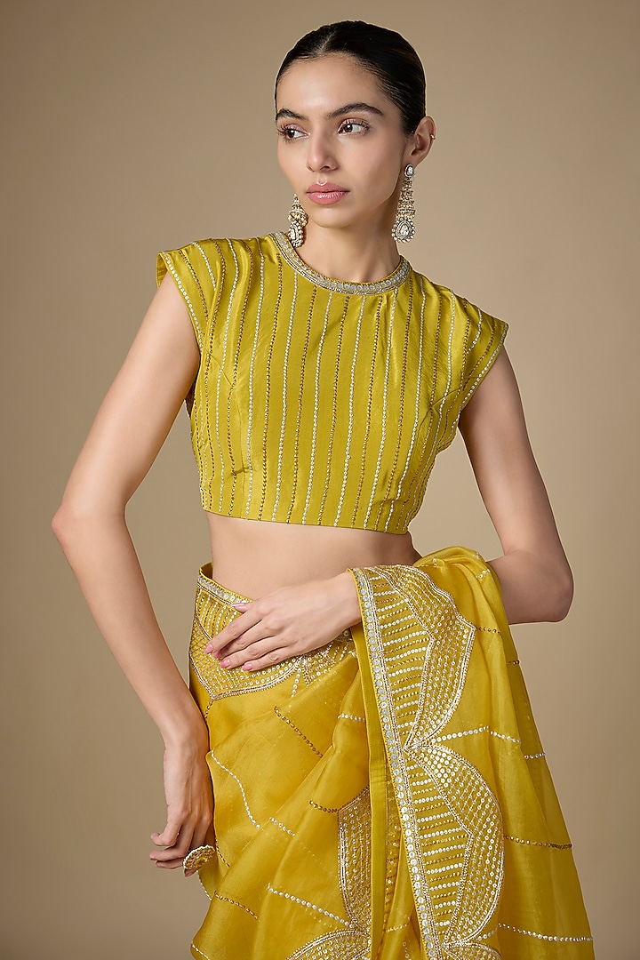 Citrine Yellow Silk Organza Hand Embroidered Wedding Saree Set by Priyal Prakash at Pernia's Pop Up Shop