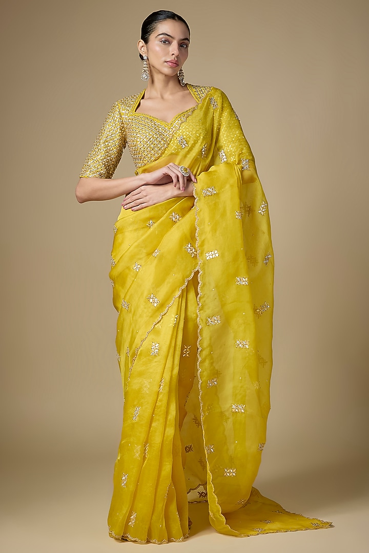 Citrine Yellow Silk Organza Gota Patti Embroidered Wedding Saree Set by Priyal Prakash at Pernia's Pop Up Shop