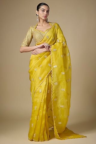Citrine Yellow Silk Organza Gota Patti Embroidered Saree Set by Priyal Prakash