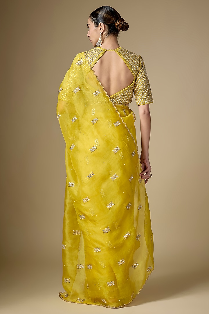 Citrine Yellow Silk Organza Gota Patti Embroidered Wedding Saree Set by Priyal Prakash at Pernia's Pop Up Shop