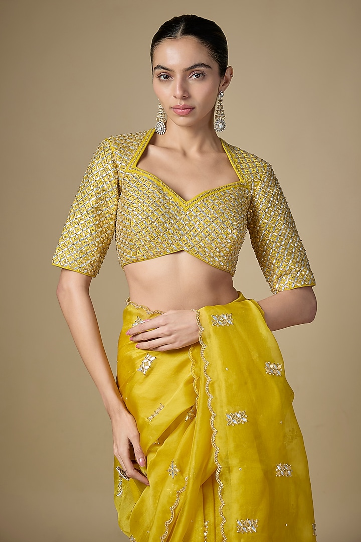 Citrine Yellow Silk Organza Gota Patti Embroidered Wedding Saree Set by Priyal Prakash at Pernia's Pop Up Shop