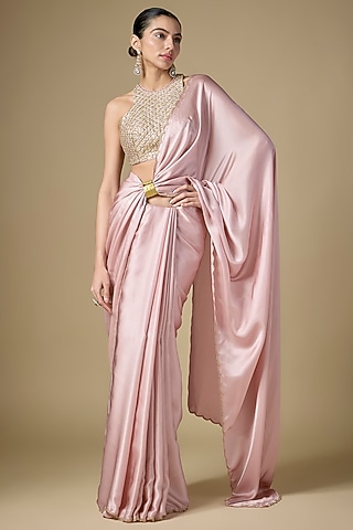 Rose Quartz Pink Silk Satin Saree Set by Priyal Prakash