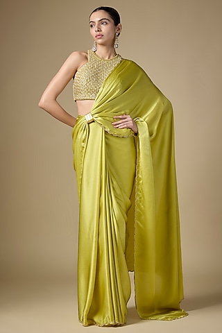 Pistachio Green Silk Satin Saree Set by Priyal Prakash