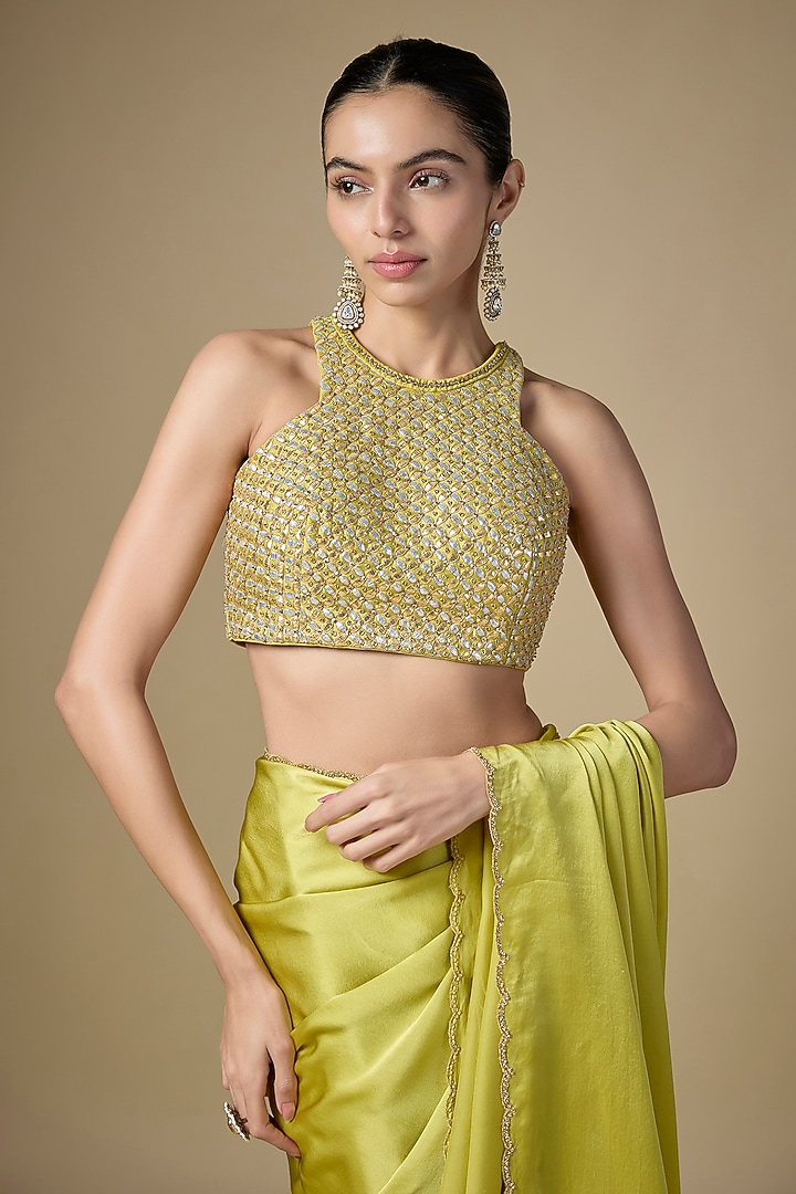 Pistachio Green Silk Satin Wedding Saree Set by Priyal Prakash at Pernia's Pop Up Shop