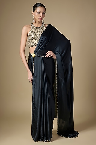 Black Silk Satin Saree Set by Priyal Prakash