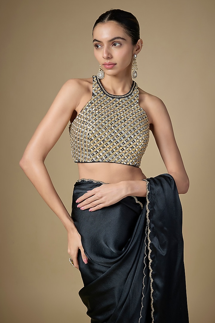 Black Silk Satin Wedding Saree Set by Priyal Prakash at Pernia's Pop Up Shop