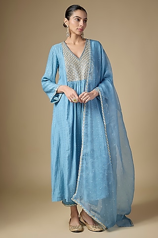 Pacific Blue Mukaish Chanderi Motif Embroidered Kurta Set by Priyal Prakash
