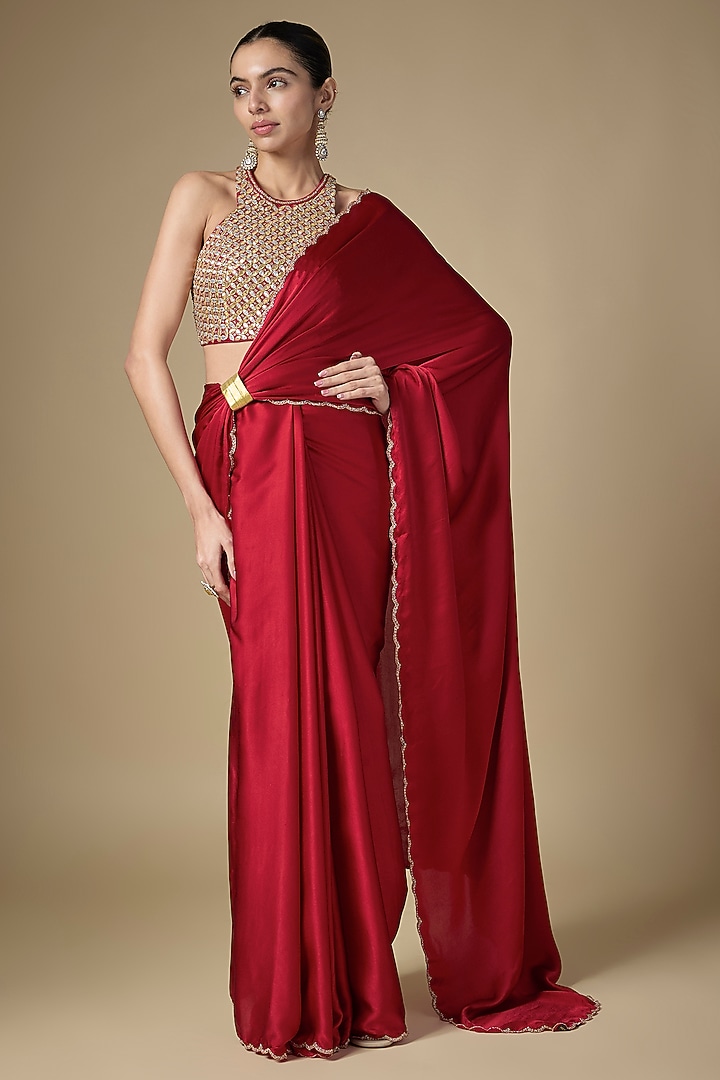 Berry Red Silk Satin Wedding Saree Set by Priyal Prakash at Pernia's Pop Up Shop