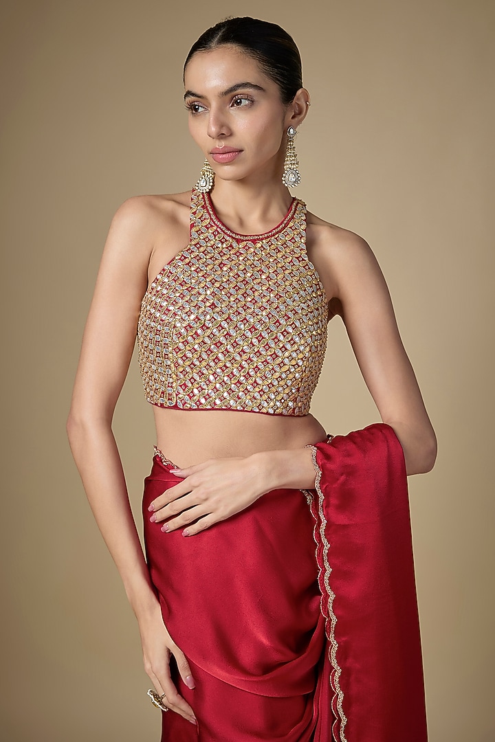 Berry Red Silk Satin Wedding Saree Set by Priyal Prakash at Pernia's Pop Up Shop