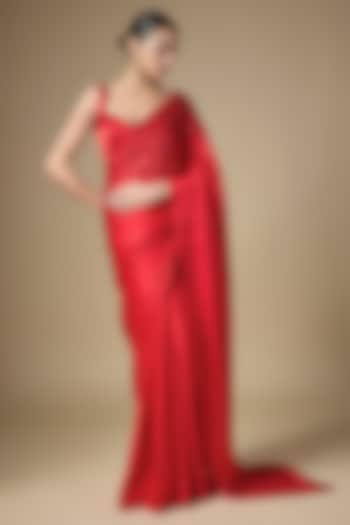 Vermillion Red Silk Satin Embellished Wedding Saree Set by Priyal Prakash at Pernia's Pop Up Shop