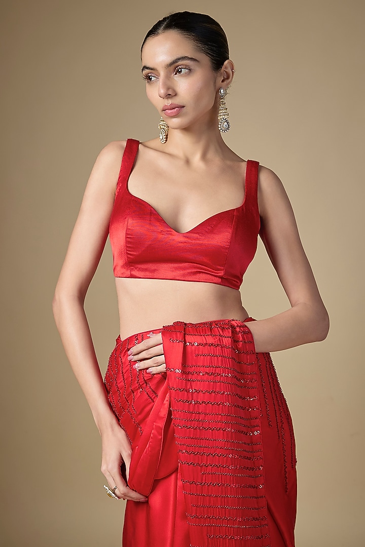 Vermillion Red Silk Satin Embellished Wedding Saree Set by Priyal Prakash at Pernia's Pop Up Shop