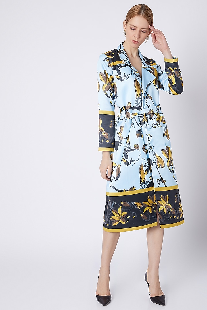 Sky Blue Collared Trench Dress by Prints By Radhika