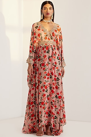 Beige Embroidered Kaftan Set by Prints By Radhika