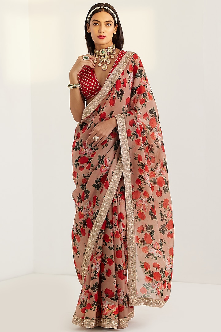 Multi-Coloured Satin Embroidered Saree Set by Prints By Radhika