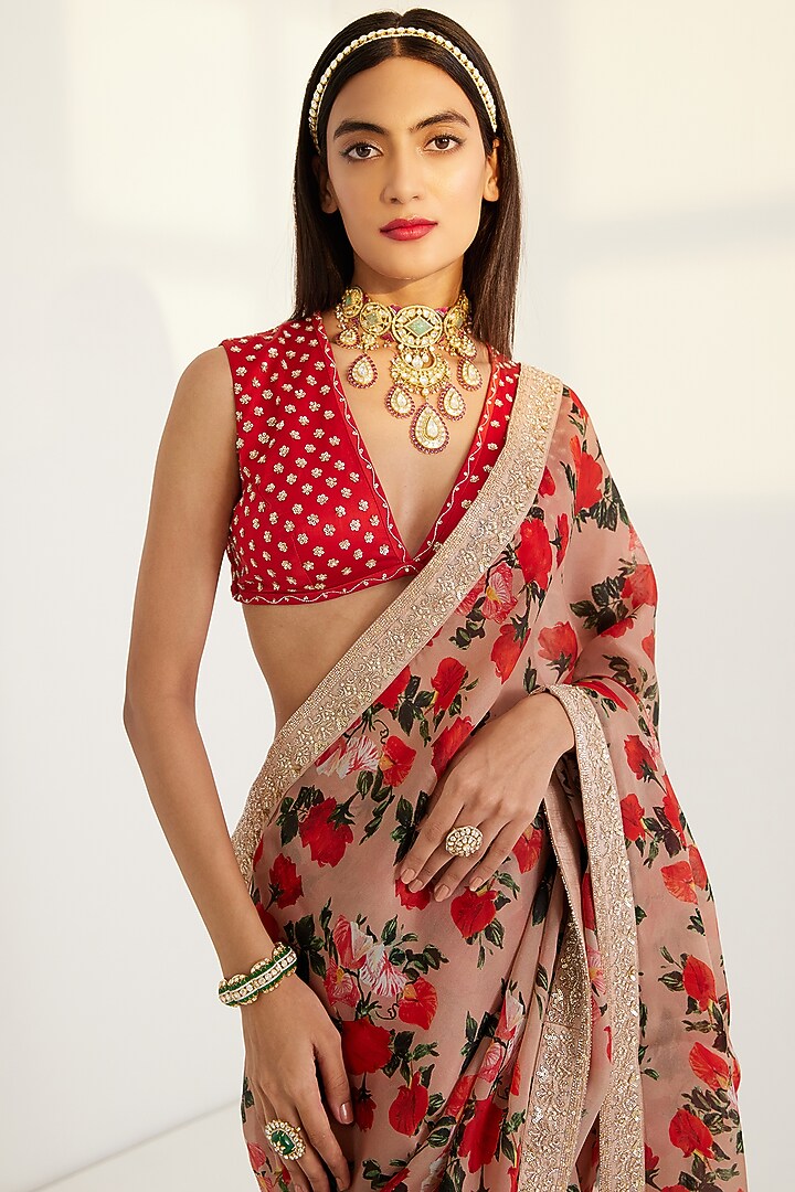 Multi-Coloured Satin Embroidered Wedding Saree Set by Prints By Radhika at Pernia's Pop Up Shop