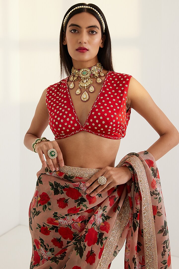 Multi-Coloured Satin Embroidered Wedding Saree Set by Prints By Radhika at Pernia's Pop Up Shop