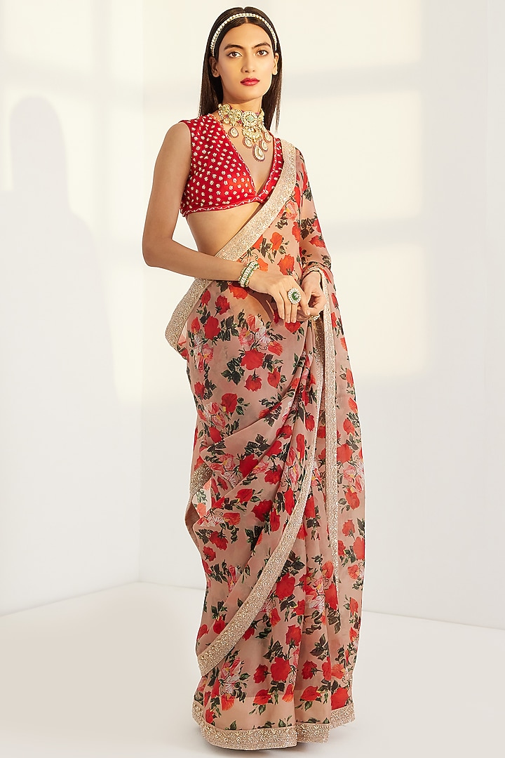 Multi-Coloured Satin Embroidered Wedding Saree Set by Prints By Radhika at Pernia's Pop Up Shop