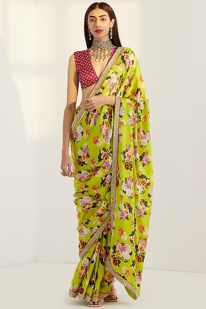 Lime Green Embroidered Saree Set by Prints By Radhika