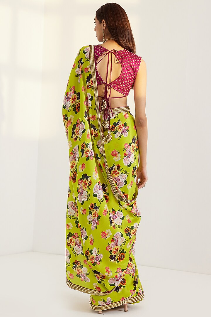 Lime Green Embroidered Wedding Saree Set by Prints By Radhika at Pernia's Pop Up Shop