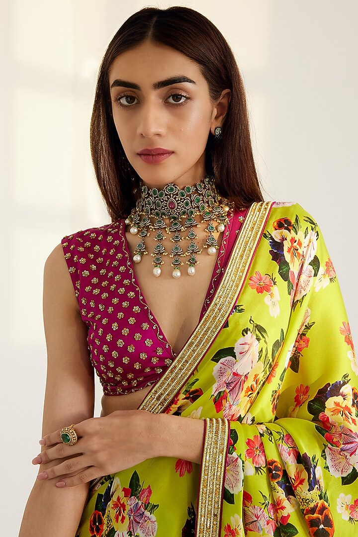 Lime Green Embroidered Wedding Saree Set by Prints By Radhika at Pernia's Pop Up Shop