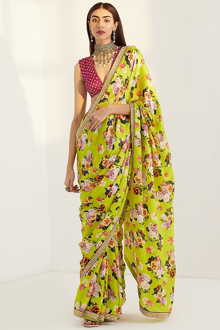 Lime Green Embroidered Wedding Saree Set by Prints By Radhika at Pernia's Pop Up Shop