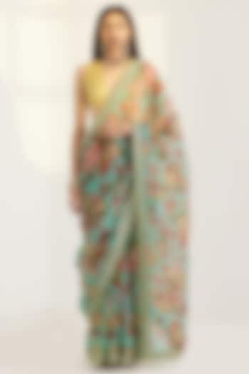 Green Printed & Embroidered Saree Set by Prints By Radhika