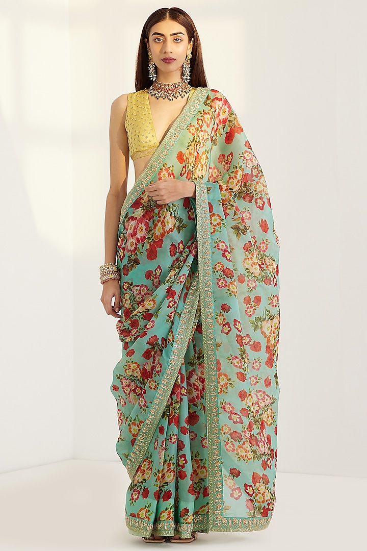 Green Printed & Embroidered Saree Set by Prints By Radhika