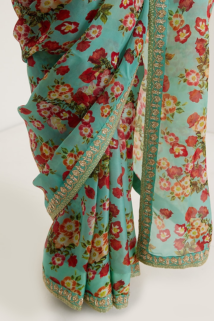 Green Printed & Embroidered Wedding Saree Set by Prints By Radhika at Pernia's Pop Up Shop