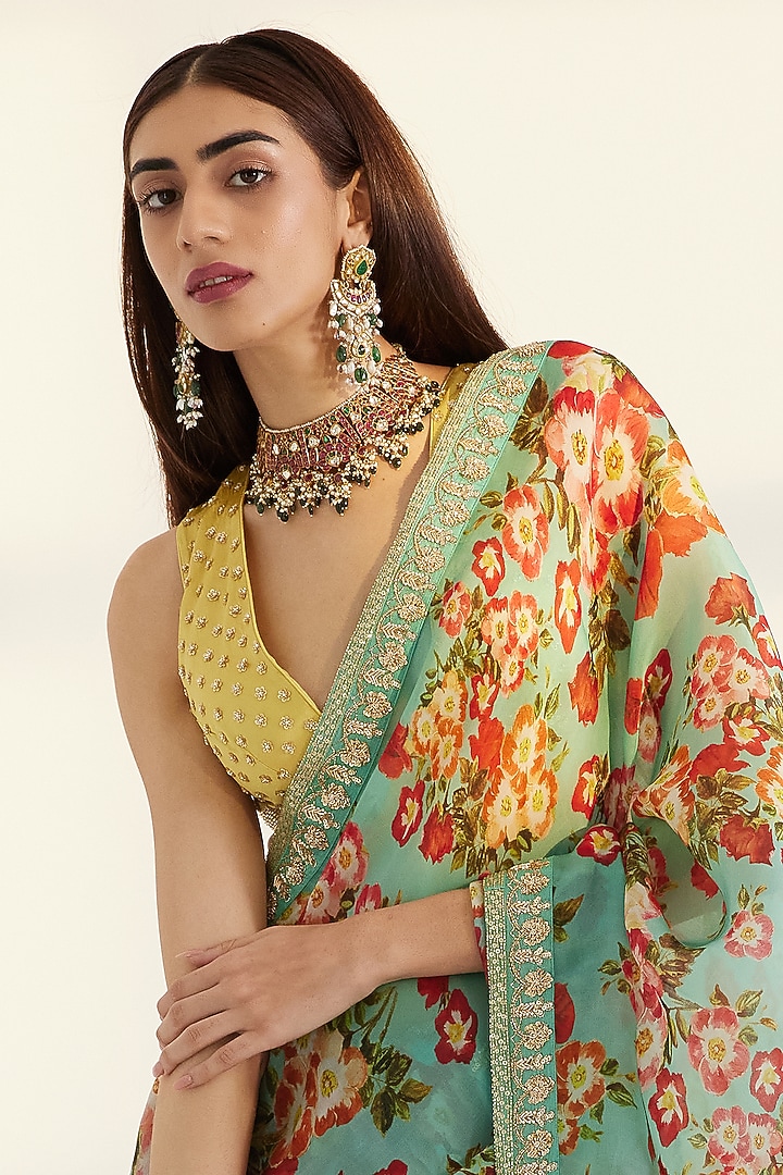 Green Printed & Embroidered Wedding Saree Set by Prints By Radhika at Pernia's Pop Up Shop