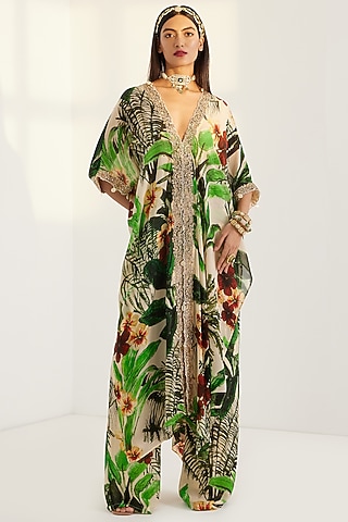 Green Embroidered Kaftan Set by Prints By Radhika