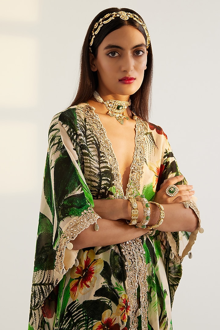 Green Embroidered Kaftan Set by Prints By Radhika at Pernia's Pop Up Shop