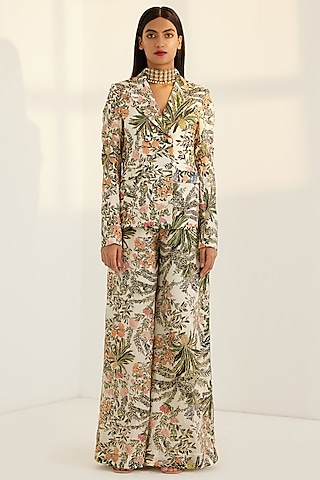 White Printed & Embroidered Blazer Set by Prints By Radhika