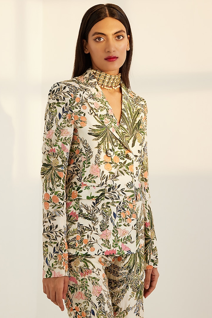 White Printed & Embroidered Blazer Set by Prints By Radhika at Pernia's Pop Up Shop