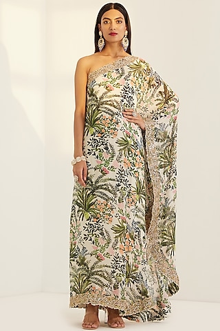 White Printed & Embroidered One Shoulder Kaftan by Prints By Radhika