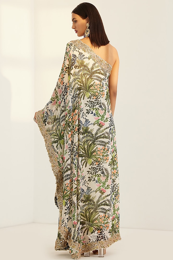 White Printed & Embroidered One Shoulder Kaftan by Prints By Radhika at Pernia's Pop Up Shop