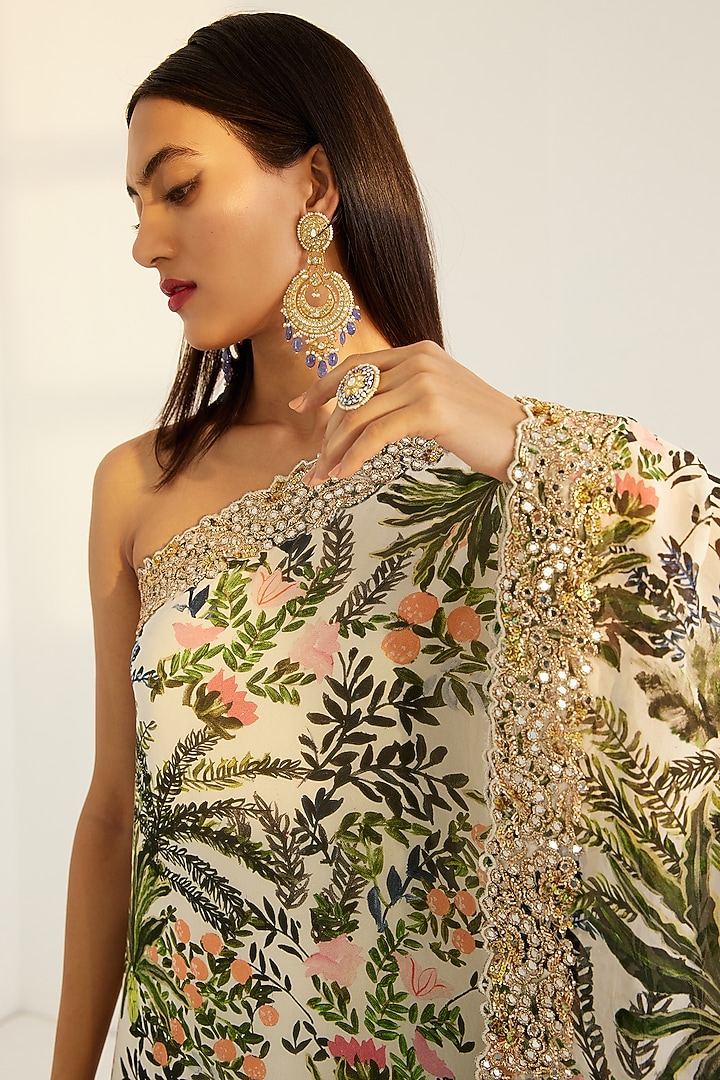 White Printed & Embroidered One Shoulder Kaftan by Prints By Radhika at Pernia's Pop Up Shop