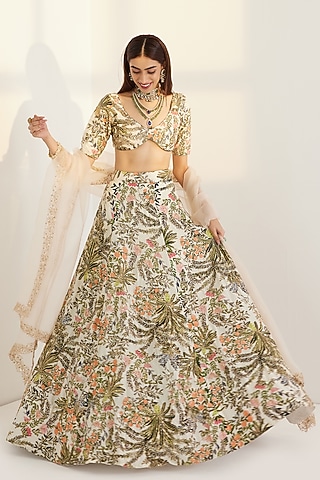 White Printed & Embroidered Lehenga Set by Prints By Radhika