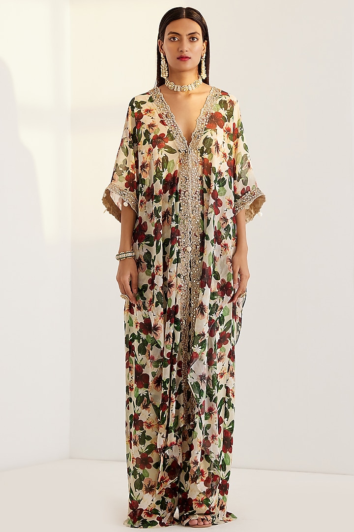 Multi-Colored Embroidered Kaftan Set by Prints By Radhika